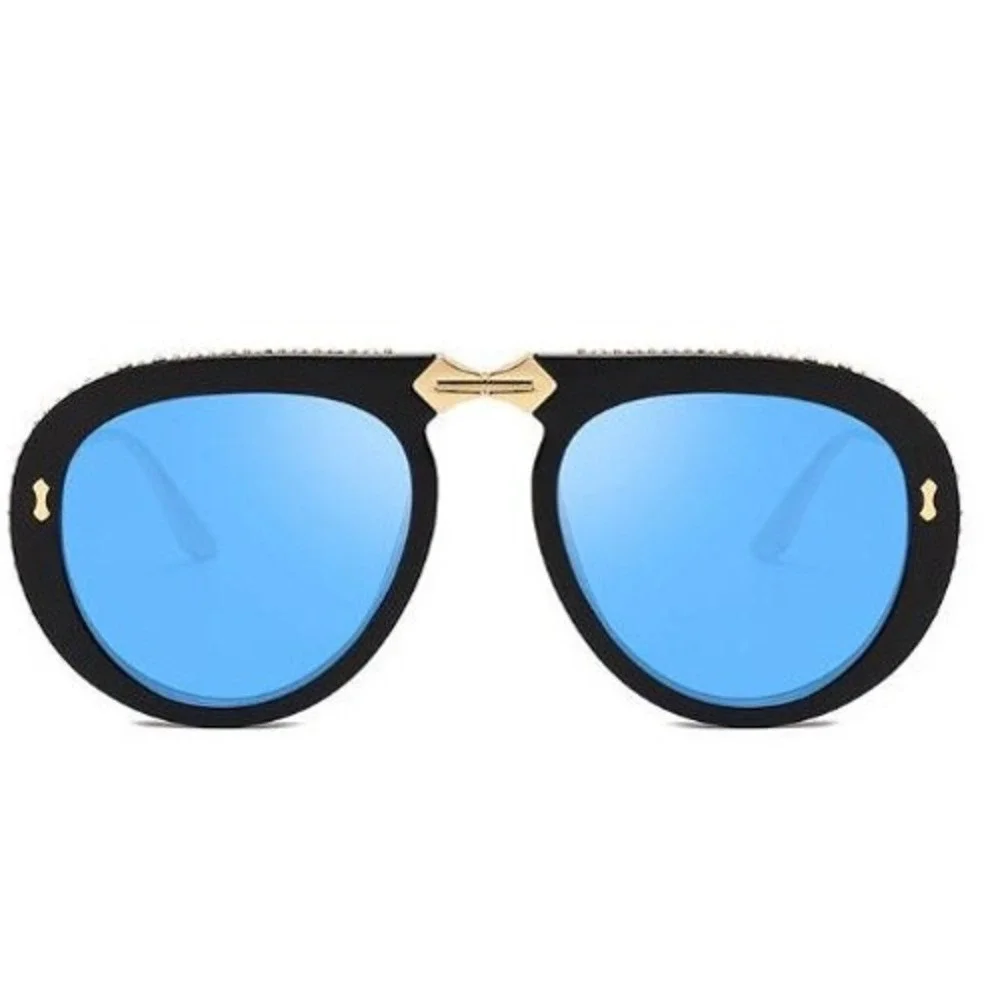 Aviator Sunglasses Blue Lens Rhinestone Accent UV400 Protection Rhinestone Gafas